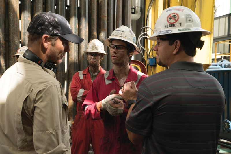on set: Director Peter Berg, Jeremy Sande, Dylan O’Brien, and Mark Wahlberg